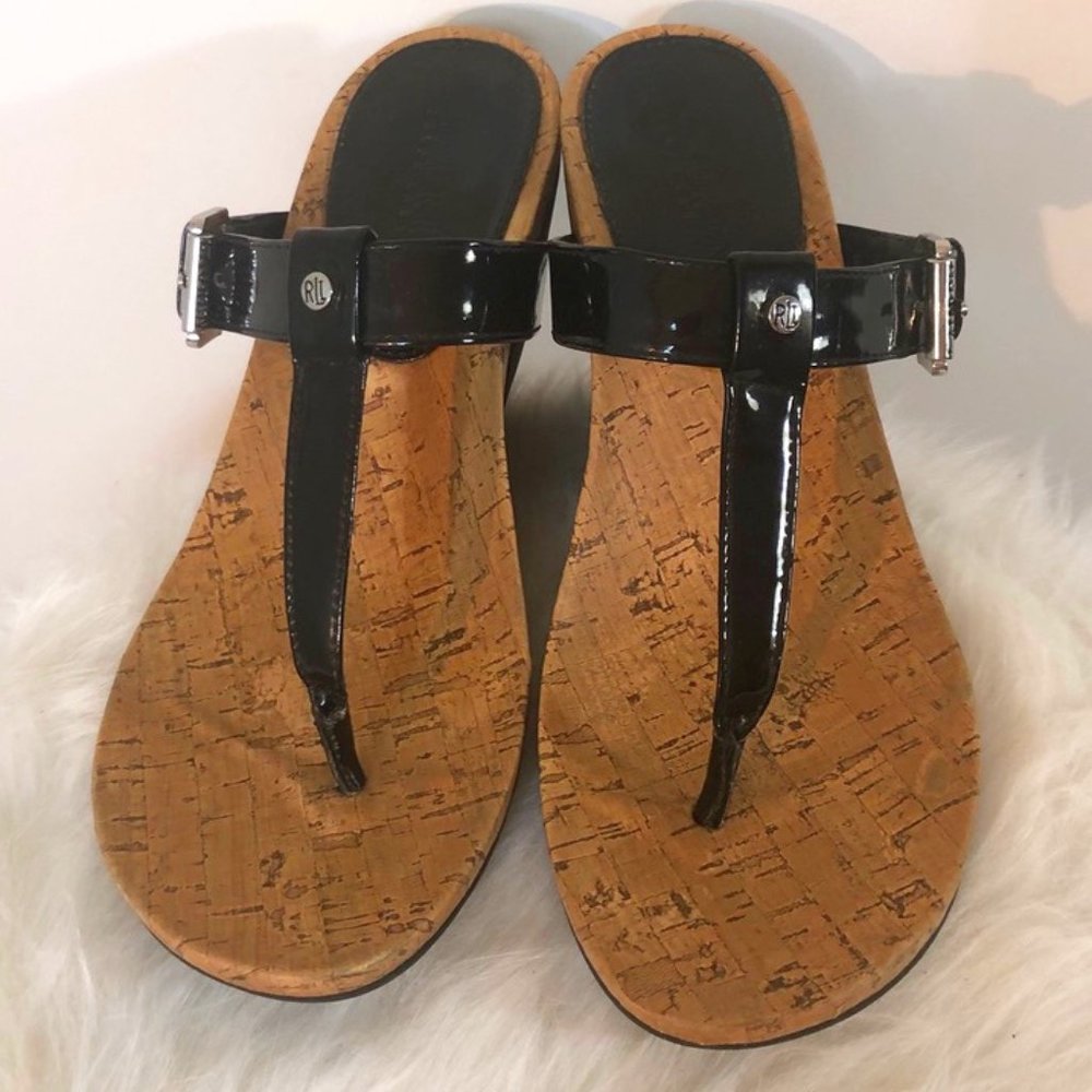 Ralph Lauren WEDGESandal Black Patent Thong Uppers Cork Sole Roseanne Style SZ 8